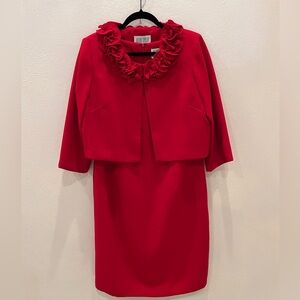 Elegant Red Dress with Floral Trimmed Jacket Size 12-14